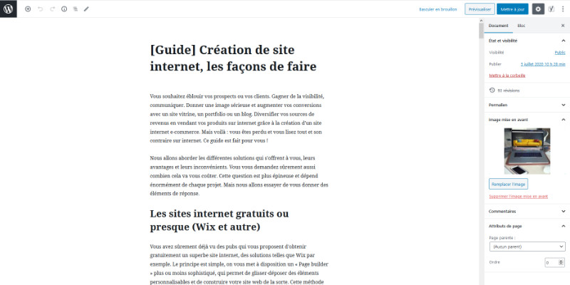 Impression écran de l'éditeur WordPress