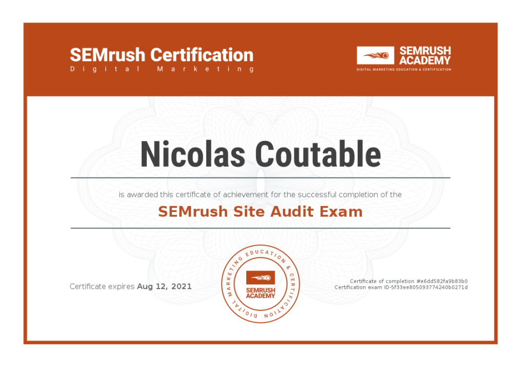 Image d'une certification en SEO Semrush délivrée à Nicolas Coutable